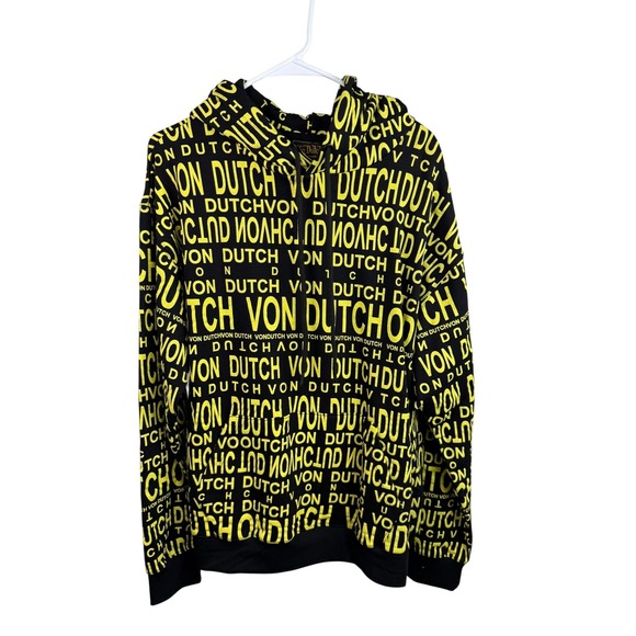 Von Dutch Other - Von Dutch Hoodie Mens Large Black Yellow All Over Logo Print Full Zip Paris